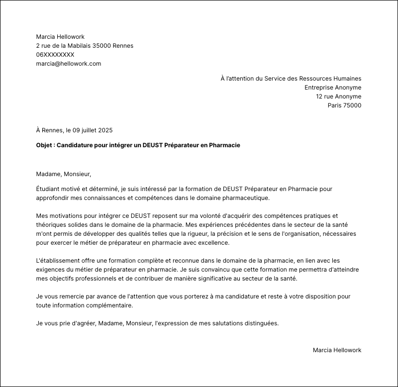 Exemple lettre de motivation DEUST Préparateur en Pharmacie