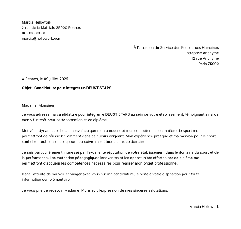 Modèle lettre de motivation DEUST STAPS Exemple lettre de motivation DEUST STAPS
