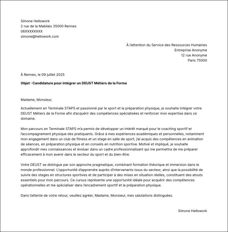 Modèle lettre de motivation DEUST Exemple lettre de motivation DEUST