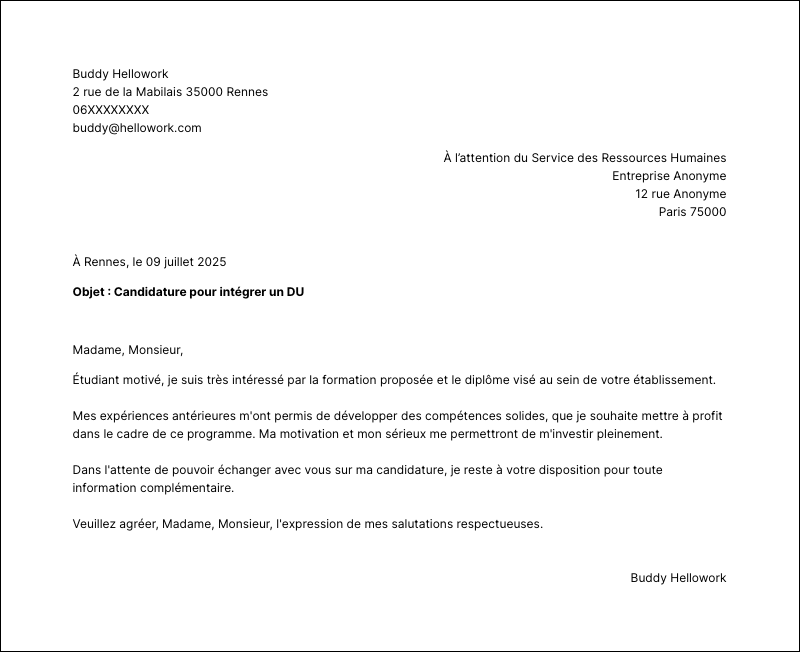 Exemple lettre de motivation DU