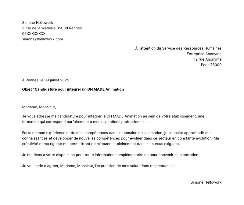 Modèle lettre de motivation DN MADE Animation Exemple lettre de motivation DN MADE Animation