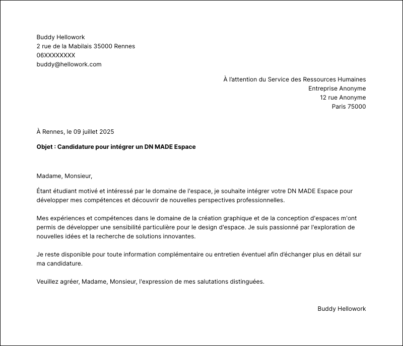 Modèle lettre de motivation DN MADE Espace Exemple lettre de motivation DN MADE Espace