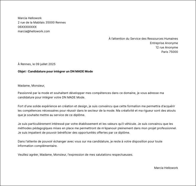 Exemple lettre de motivation DN MADE Mode