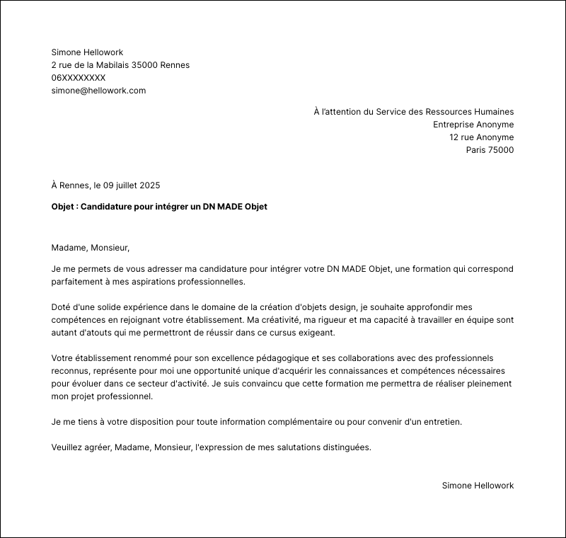 Modèle lettre de motivation DN MADE Objet Exemple lettre de motivation DN MADE Objet