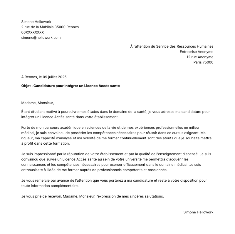 Exemple lettre de motivation Licence Accès santé