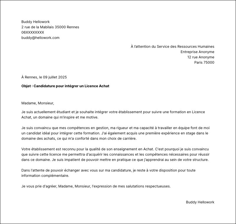 Modèle lettre de motivation Licence Achat Exemple lettre de motivation Licence Achat