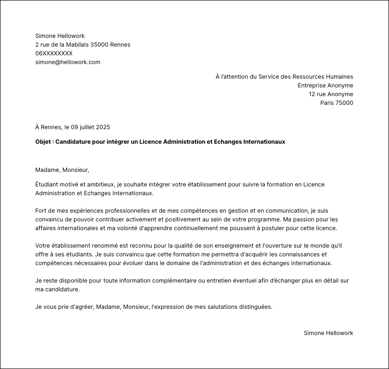 Modèle lettre de motivation Licence Administration et Echanges Internationaux Exemple lettre de motivation Licence Administration et Echanges Internationaux