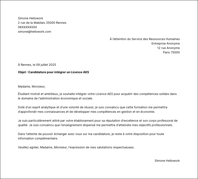 Modèle lettre de motivation Licence AES Exemple lettre de motivation Licence AES