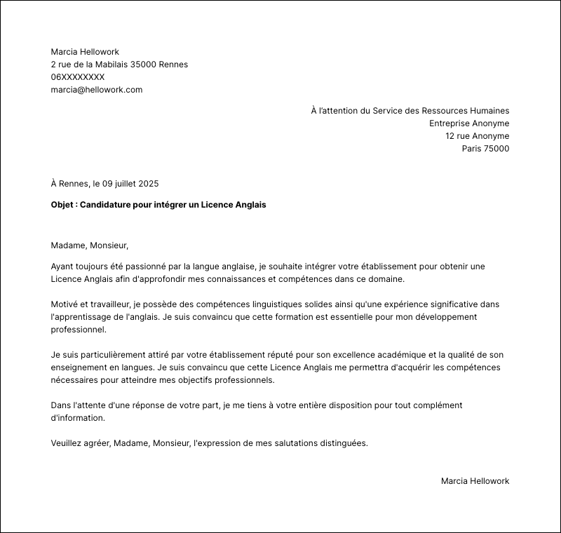 Modèle lettre de motivation Licence Anglais Exemple lettre de motivation Licence Anglais