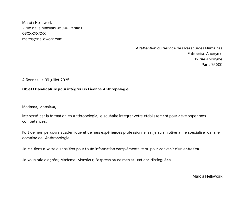 Exemple lettre de motivation Licence Anthropologie