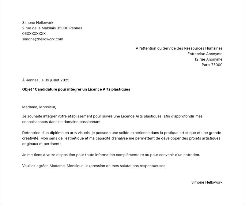 Exemple lettre de motivation Licence Arts plastiques