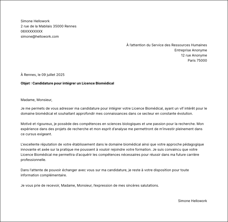 Modèle lettre de motivation Licence Biomédical Exemple lettre de motivation Licence Biomédical