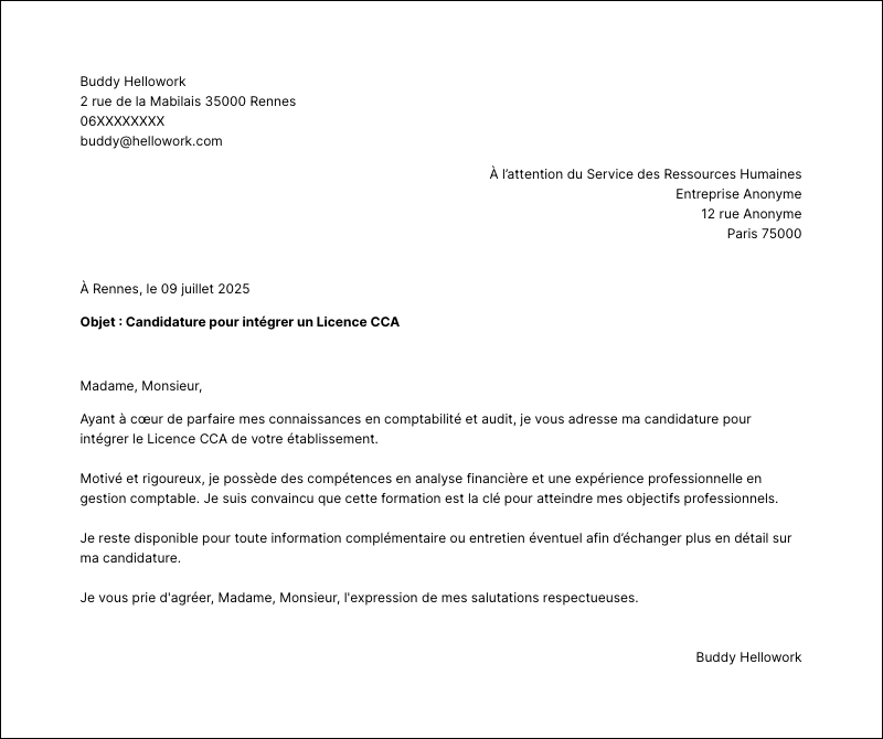 Modèle lettre de motivation Licence CCA Exemple lettre de motivation Licence CCA