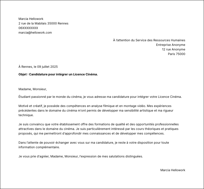 Modèle lettre de motivation Licence Cinéma Exemple lettre de motivation Licence Cinéma