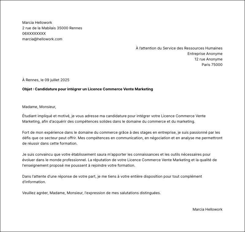 Exemple lettre de motivation Licence Commerce Vente Marketing