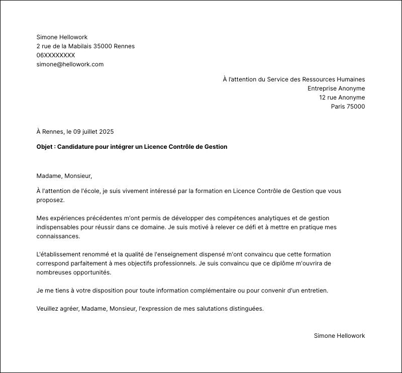 Modèle lettre de motivation Licence Contrôle de Gestion Exemple lettre de motivation Licence Contrôle de Gestion