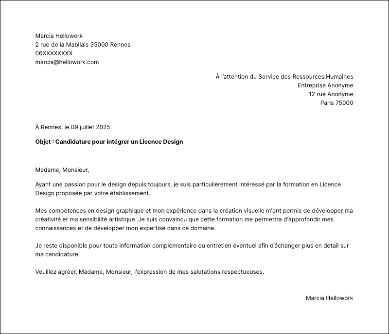 Exemple lettre de motivation Licence Design