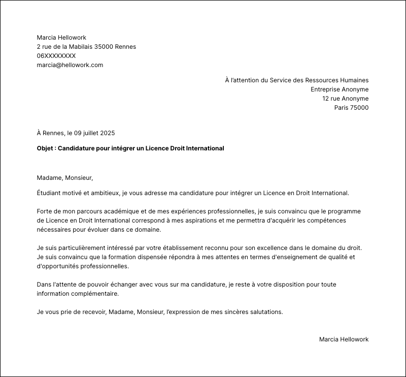 Exemple lettre de motivation Licence Droit International