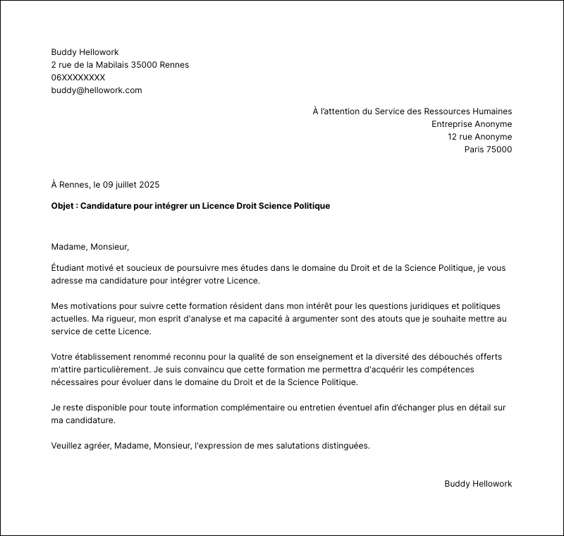 Exemple lettre de motivation Licence Droit Science Politique