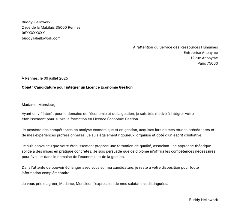 Modèle lettre de motivation Licence Économie Gestion Exemple lettre de motivation Licence Économie Gestion