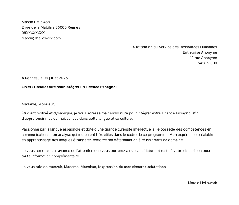Exemple lettre de motivation Licence Espagnol