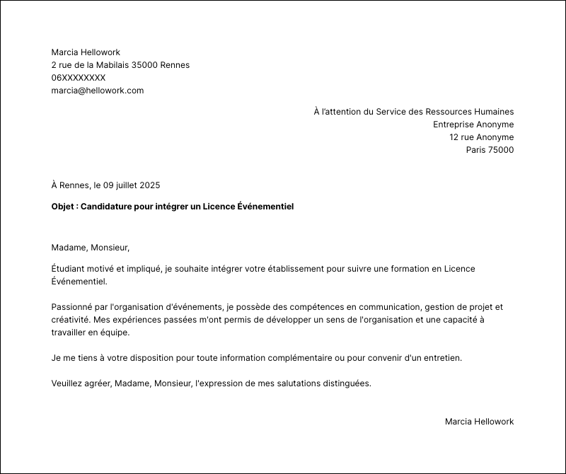 Modèle lettre de motivation Licence Événementiel Exemple lettre de motivation Licence Événementiel