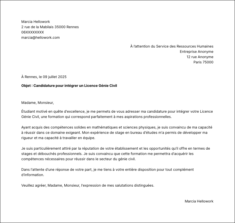 Modèle lettre de motivation Licence Génie Civil Exemple lettre de motivation Licence Génie Civil