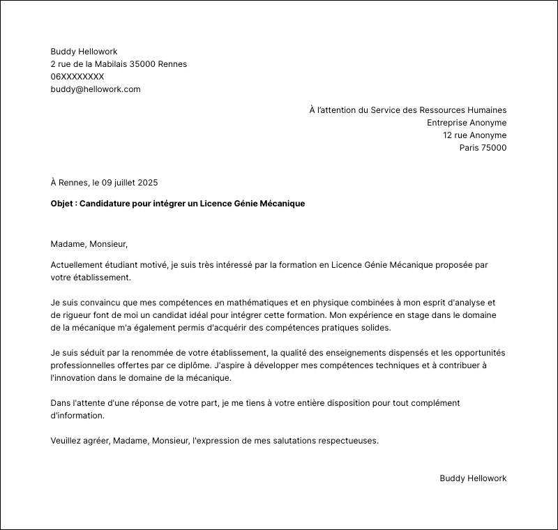 Modèle lettre de motivation Licence Génie Mécanique Exemple lettre de motivation Licence Génie Mécanique