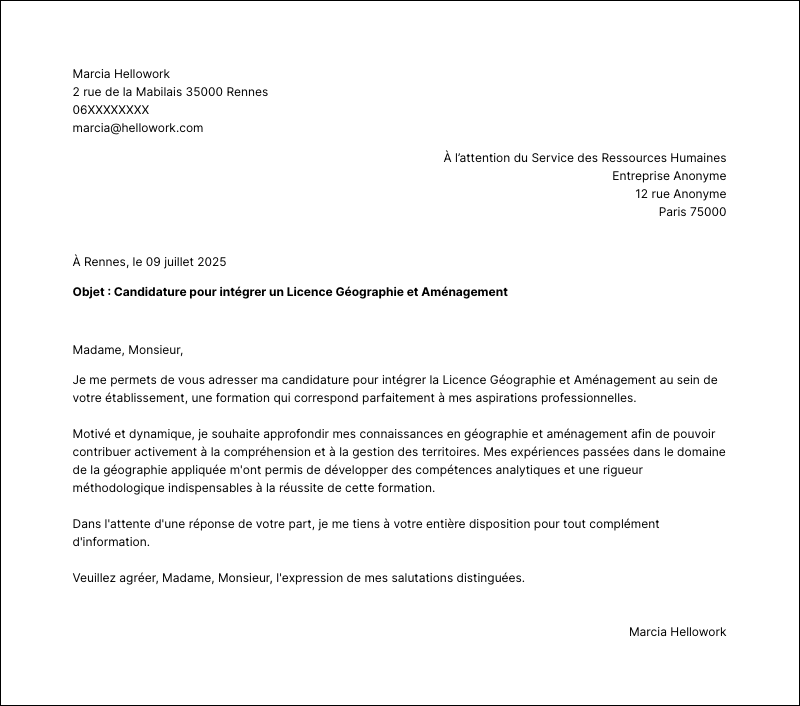 Modèle lettre de motivation Licence Géographie et Aménagement Exemple lettre de motivation Licence Géographie et Aménagement