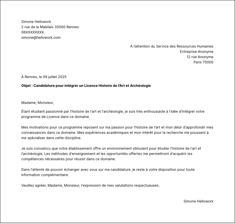 Modèle lettre de motivation Licence Histoire de l’Art et Archéologie Exemple lettre de motivation Licence Histoire de l’Art et Archéologie