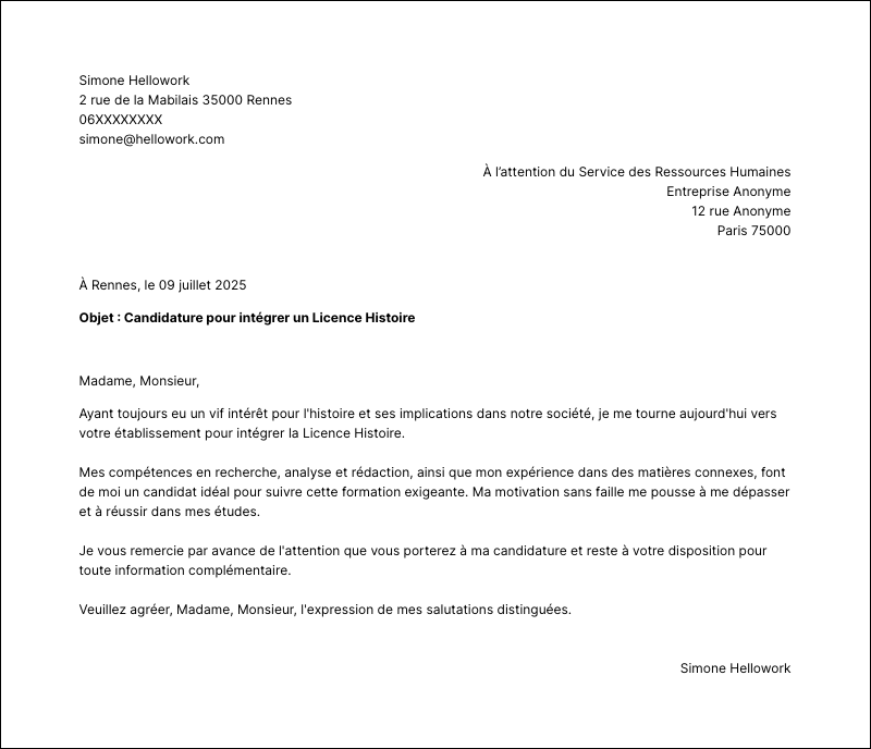 Modèle lettre de motivation Licence Histoire Exemple lettre de motivation Licence Histoire