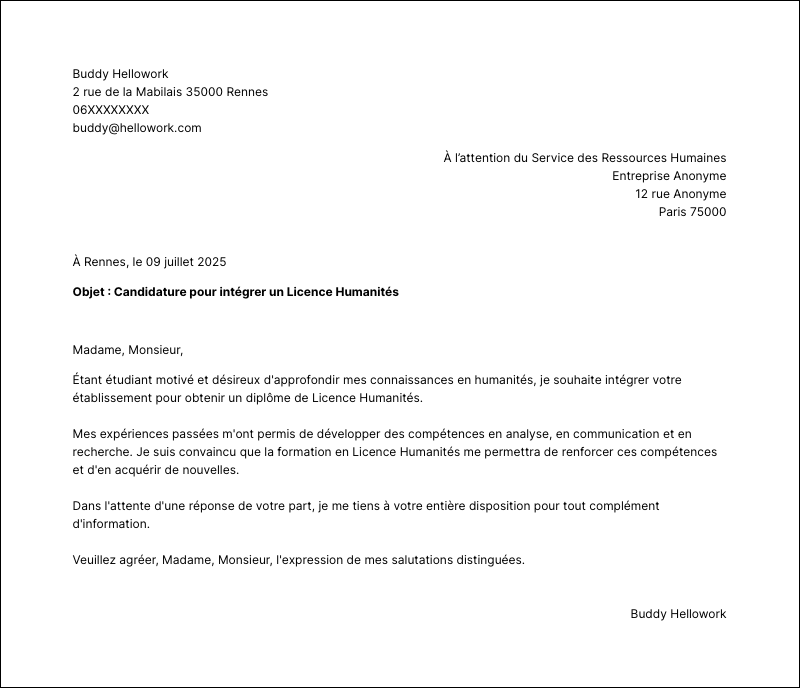 Exemple lettre de motivation Licence Humanités