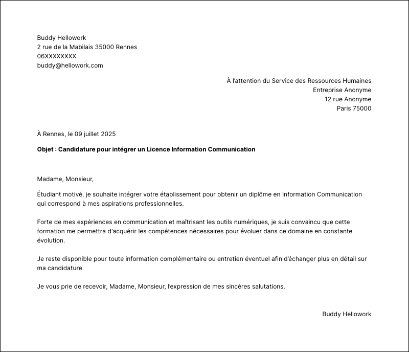 Modèle lettre de motivation Licence Information Communication Exemple lettre de motivation Licence Information Communication