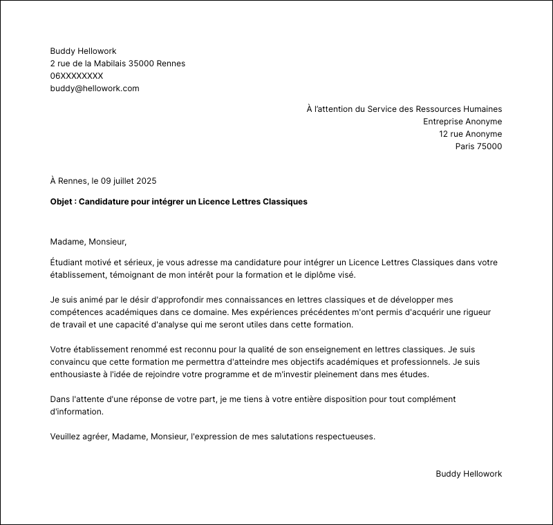 Exemple lettre de motivation Licence Lettres Classiques
