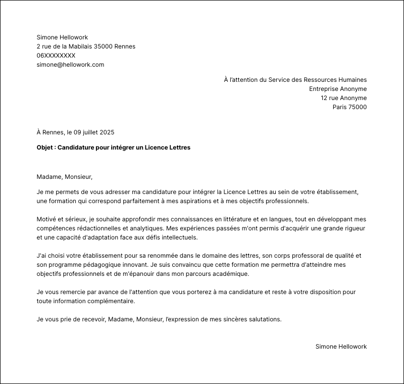 Modèle lettre de motivation Licence Lettres Exemple lettre de motivation Licence Lettres