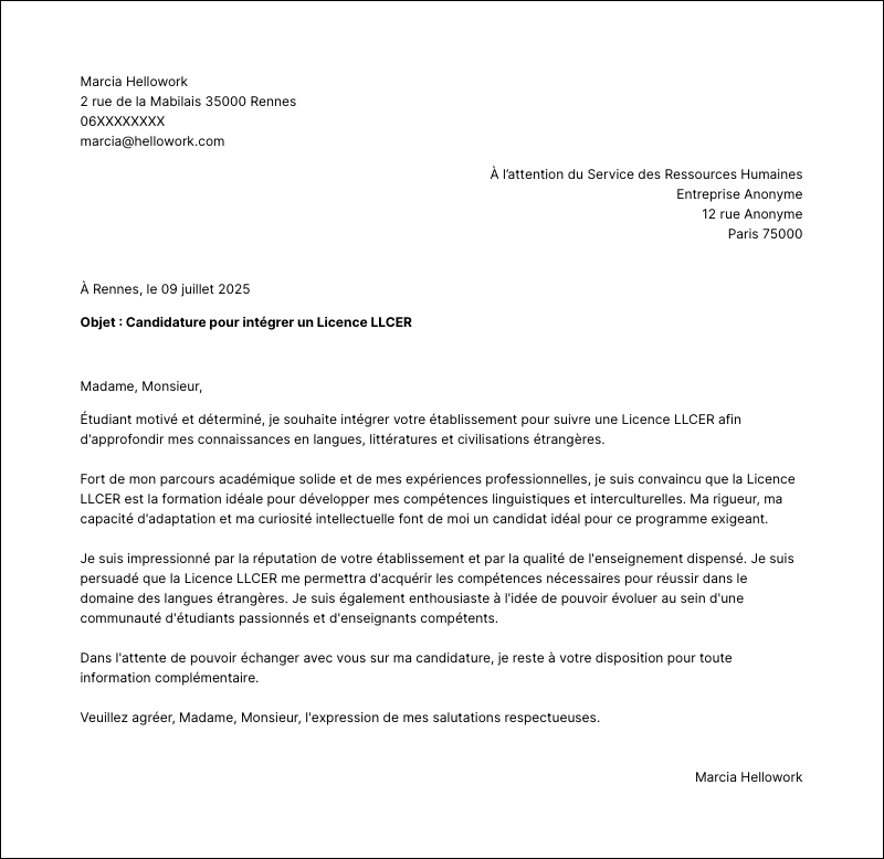 Modèle lettre de motivation Licence LLCER Exemple lettre de motivation Licence LLCER