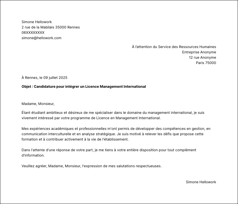Exemple lettre de motivation Licence Management International
