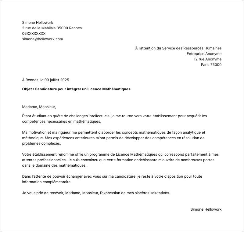 Modèle lettre de motivation Licence Mathématiques Exemple lettre de motivation Licence Mathématiques