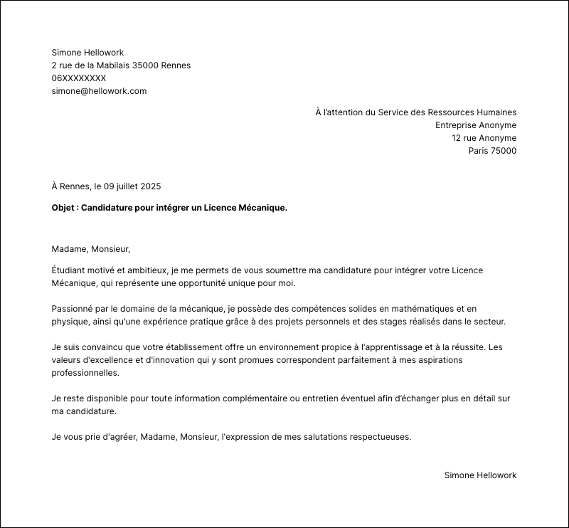 Modèle lettre de motivation Licence Mécanique Exemple lettre de motivation Licence Mécanique