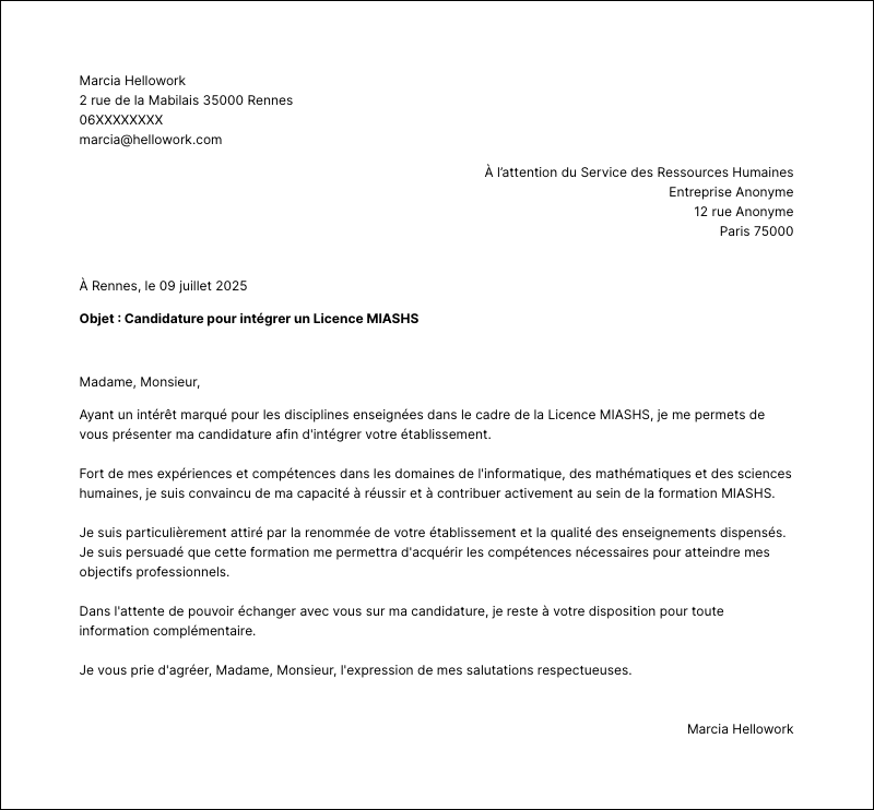 Exemple lettre de motivation Licence MIASHS