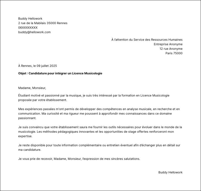 Modèle lettre de motivation Licence Musicologie Exemple lettre de motivation Licence Musicologie