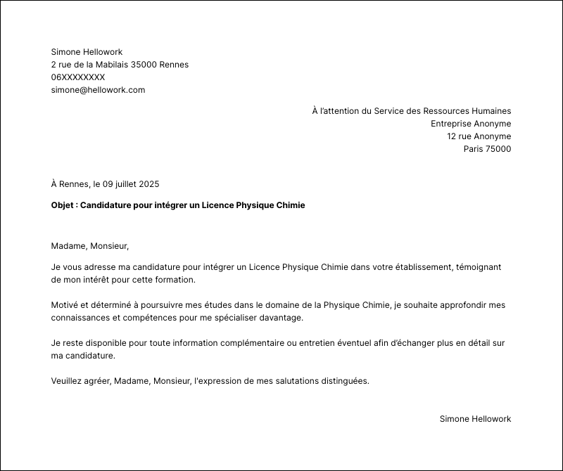 Exemple lettre de motivation Licence Physique Chimie