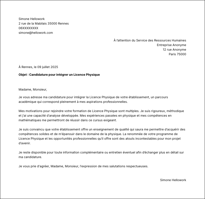 Modèle lettre de motivation Licence Physique Exemple lettre de motivation Licence Physique