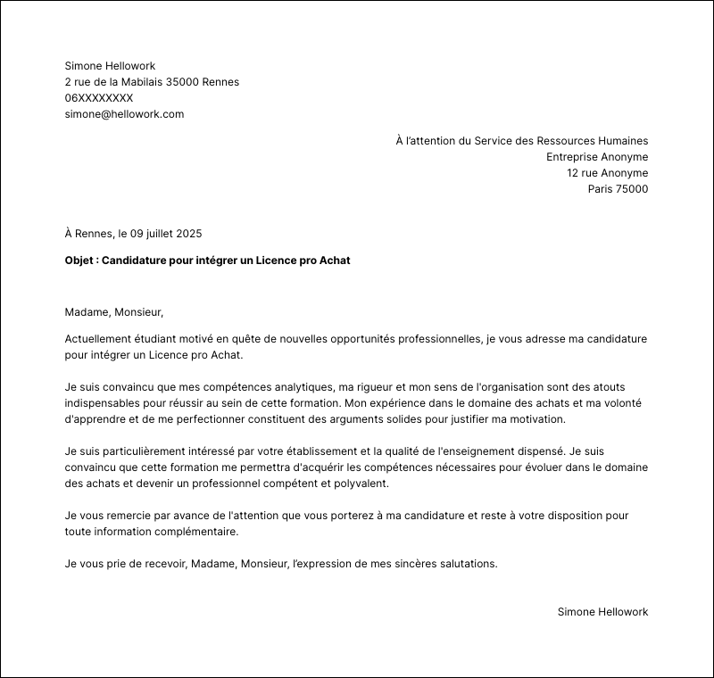 Exemple lettre de motivation Licence pro Achat