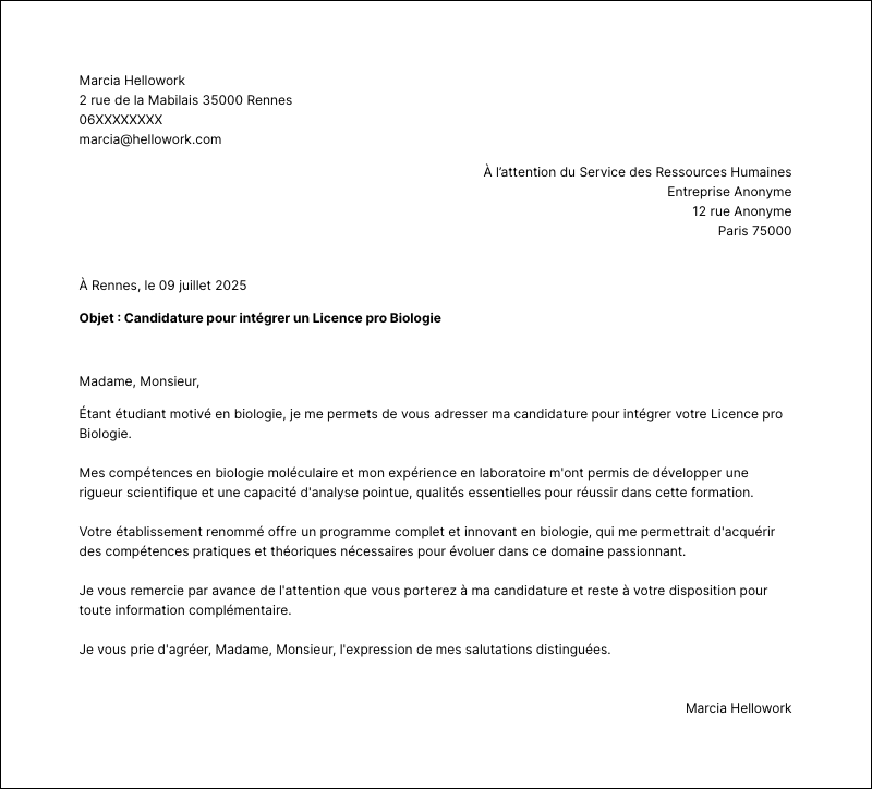 Exemple lettre de motivation Licence pro Biologie