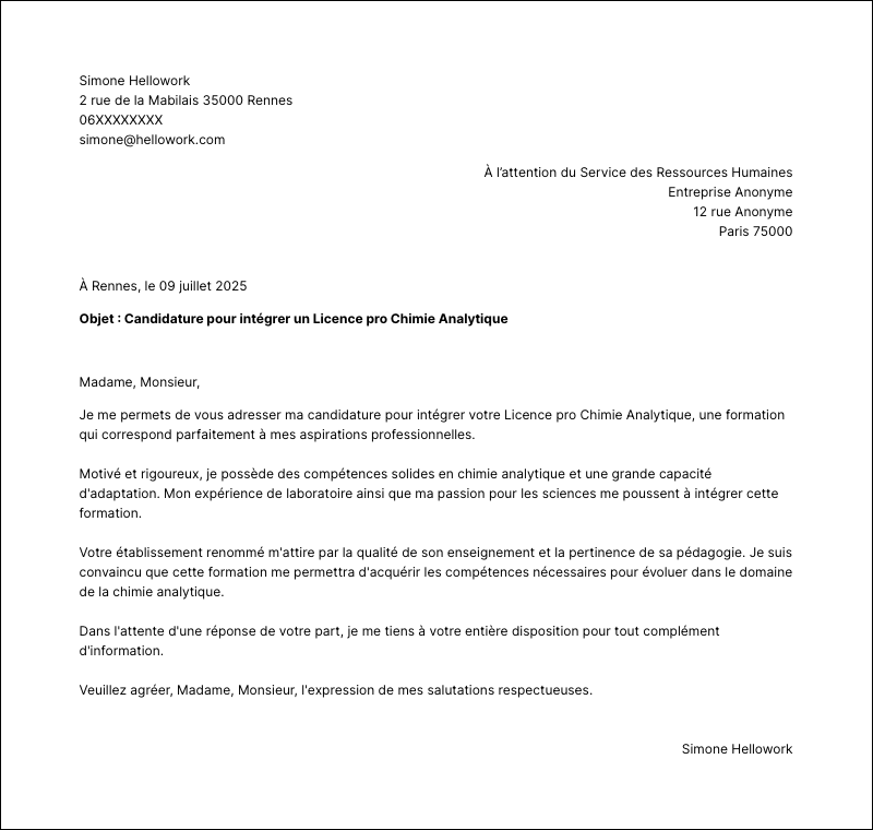 Exemple lettre de motivation Licence pro Chimie Analytique