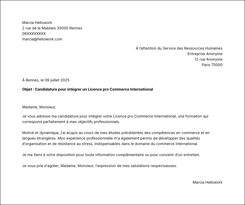 Modèle lettre de motivation Licence pro Commerce International Exemple lettre de motivation Licence pro Commerce International