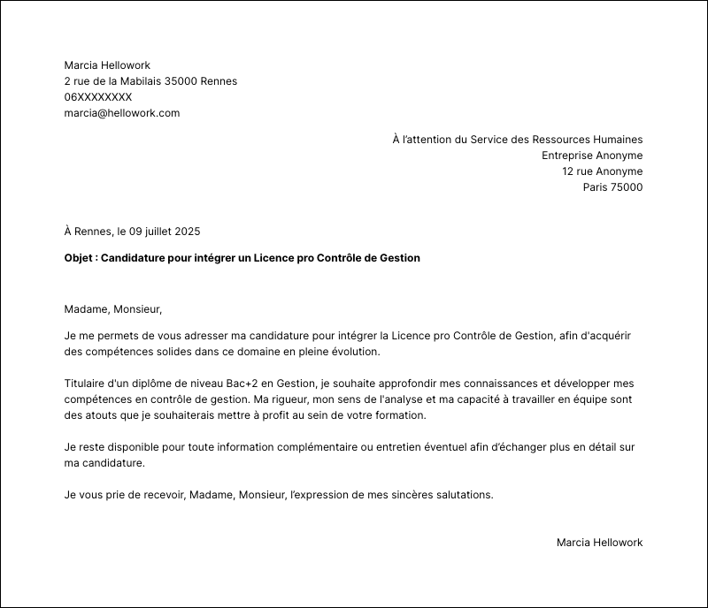 Exemple lettre de motivation Licence pro Contrôle de Gestion