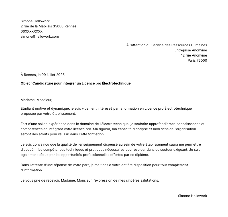 Modèle lettre de motivation Licence pro Électrotechnique Exemple lettre de motivation Licence pro Électrotechnique