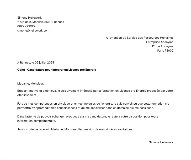 Exemple lettre de motivation Licence pro Énergie